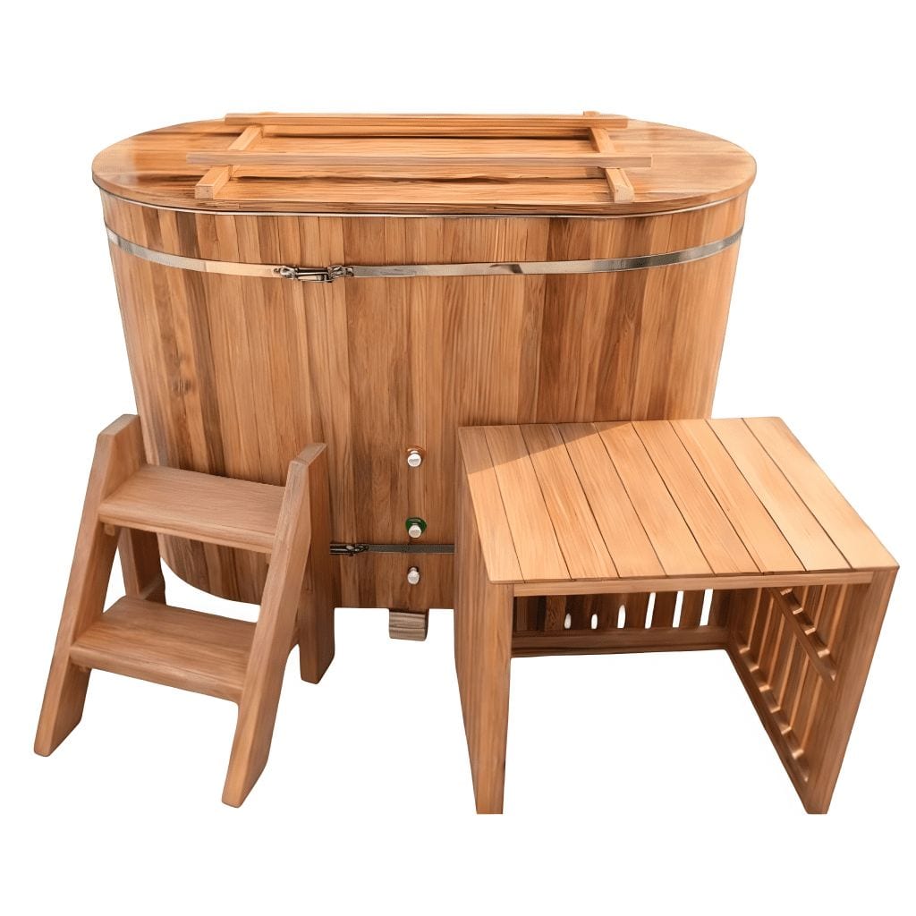 Cedar ice bath with cover, step and side table