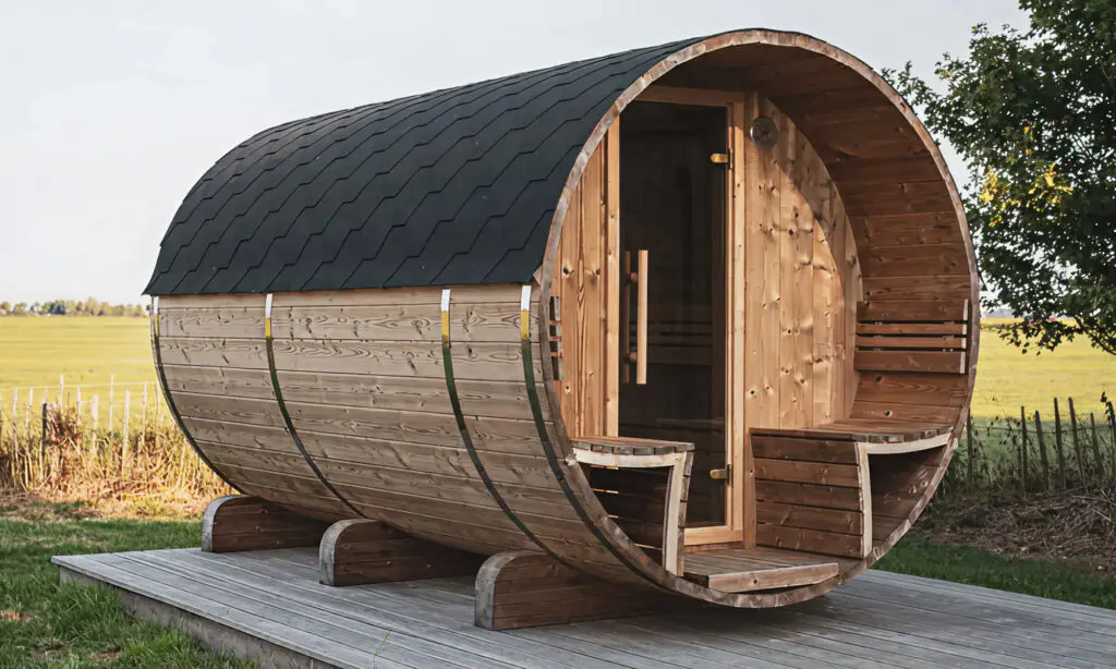 Large Barrel Sauna for 6 - 8 people on a wooden bed in a rice field