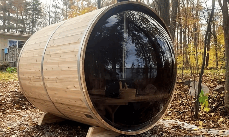 8 Person Sauna in backyard with wooden fence