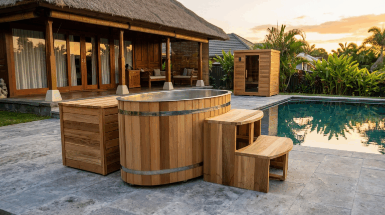 Oval Ice bath with cedar wood and cooler next to a pool in a Thai villa