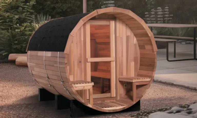 4 Person Barrel Sauna with dim sunset lighting on dir ground and a proch