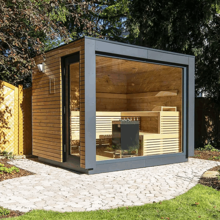 Cedar wood, modern Sauna with grey facade and full-glass front with glass door