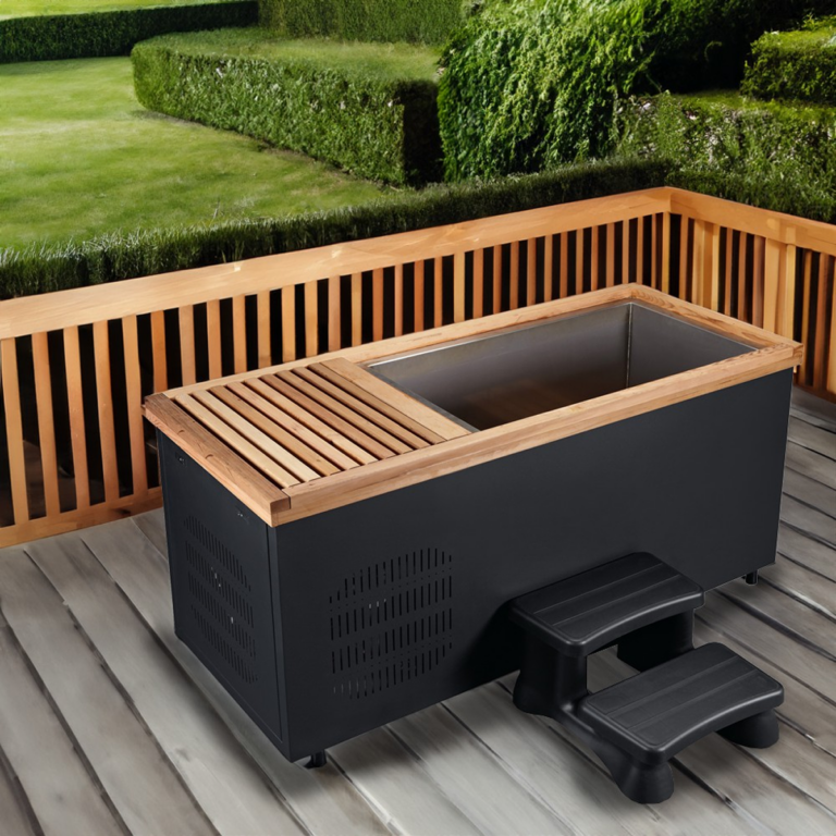 Red Cedar Ice Bath with Built-in Chiller on wooden deck