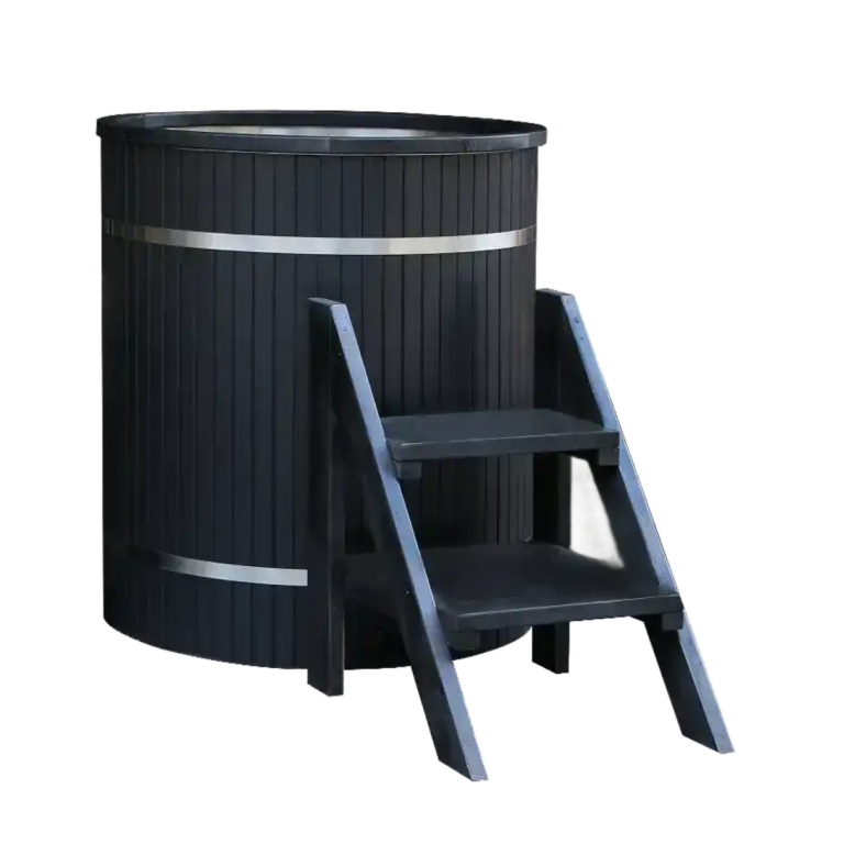 Black Barrel Ice Bath with black steps