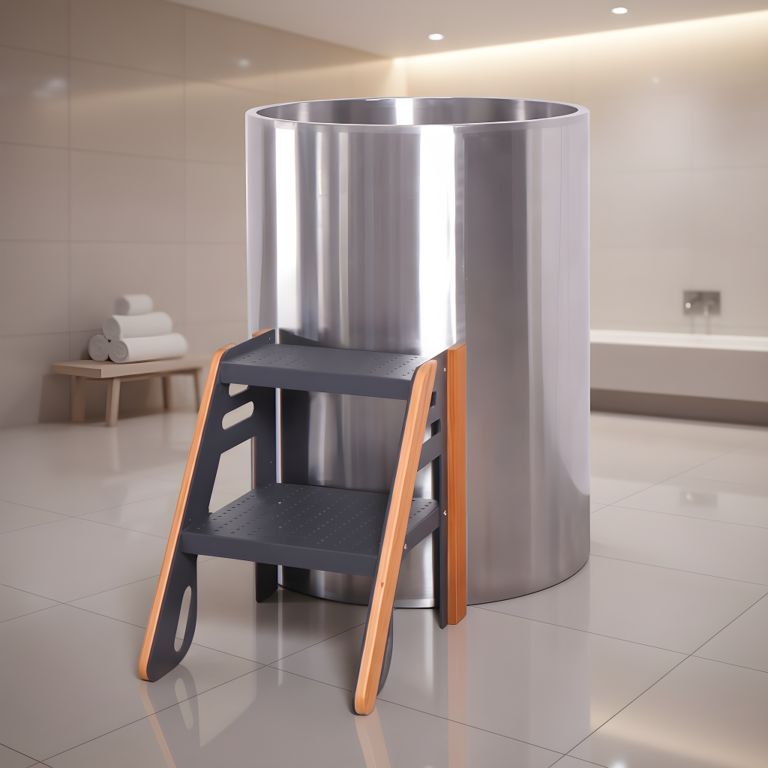 Stainless steel ice bath with red cedar steps, side view