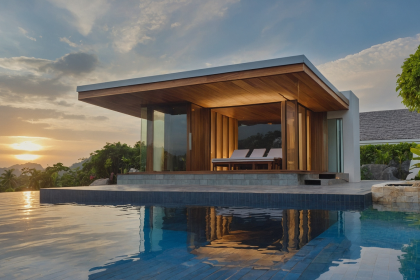 custom made modern Finnish sauna in Thailand beside pool