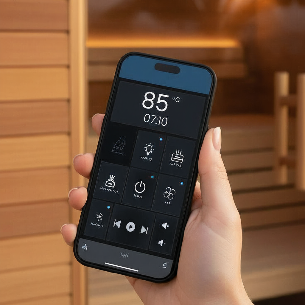 Phone app for sauna heater - hand holding phone with app open