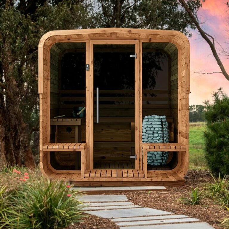 Square sauna with rounded corners in back yard of Thai villa at dusk