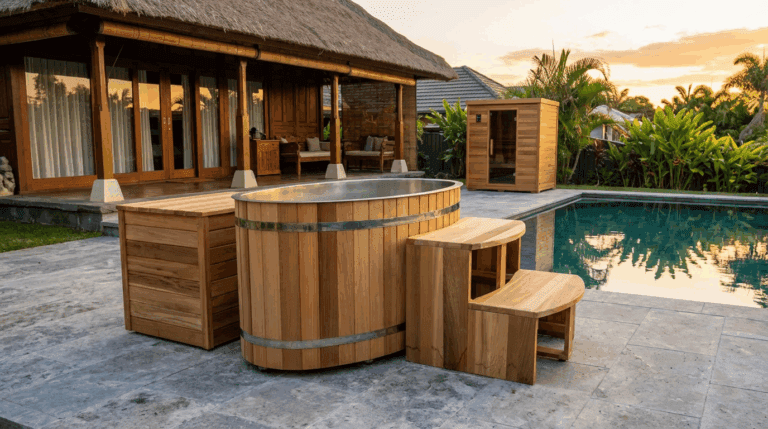Oval Ice bath with cedar wood and cooler next to a pool in a Thai villa