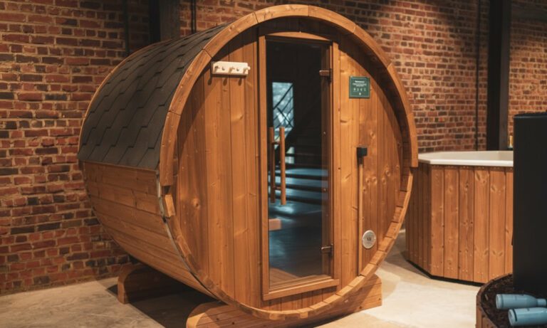 “Jai Dee” 3 person barrel Sauna inside brick house
