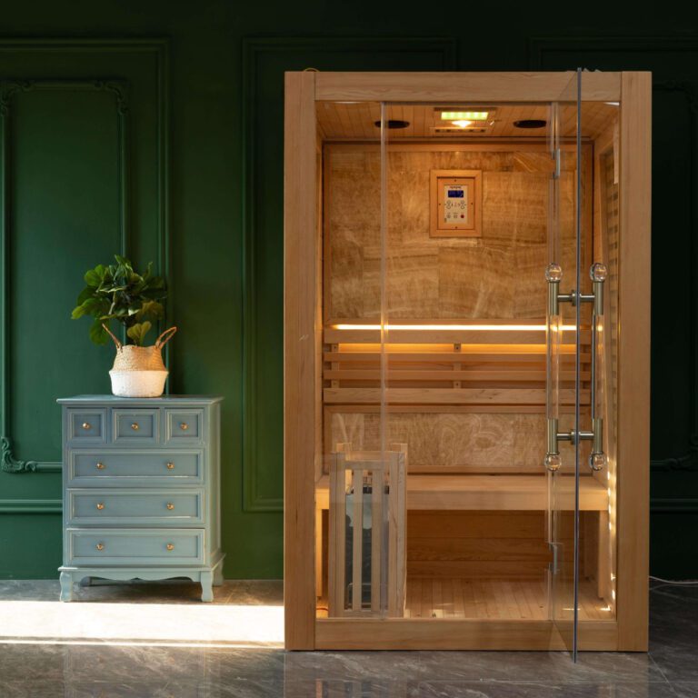 2 person sauna inside a house with dark green walls