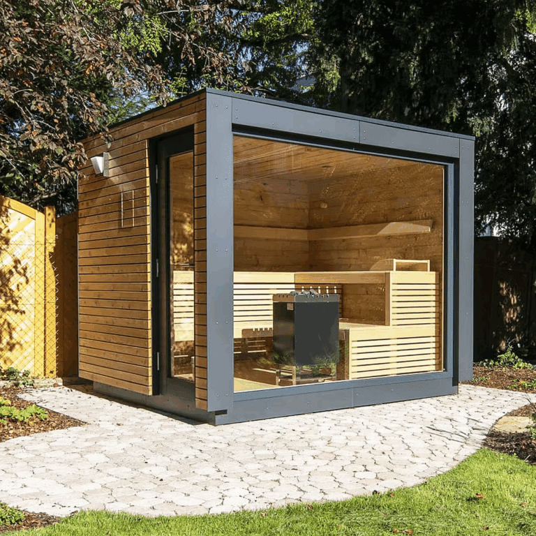 Cedar wood, modern Sauna with grey facade and full-glass front with glass door