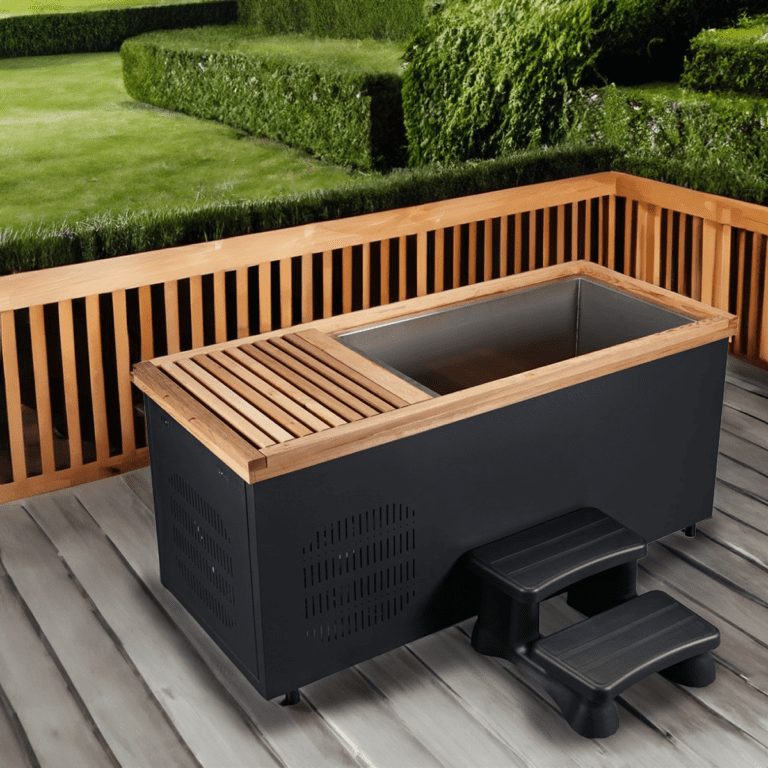 Red Cedar Ice Bath with Built-in Chiller on wooden deck