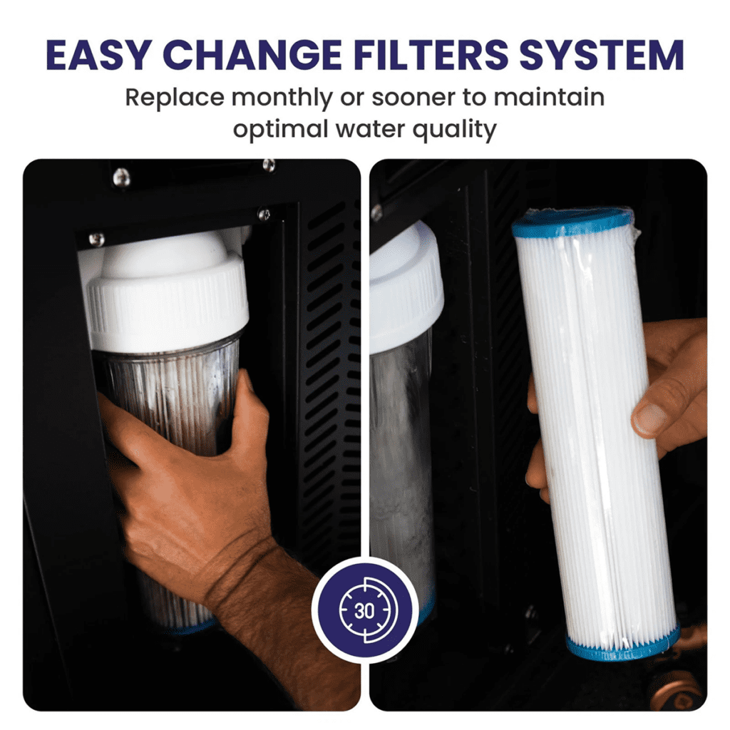 Hand installing ice bath filter in to chiller machine