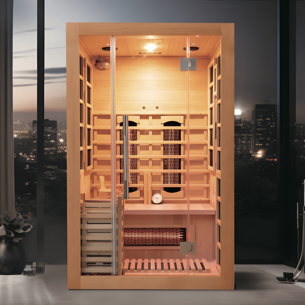 Indoor Infrared Sauna with big window and city lights in the background