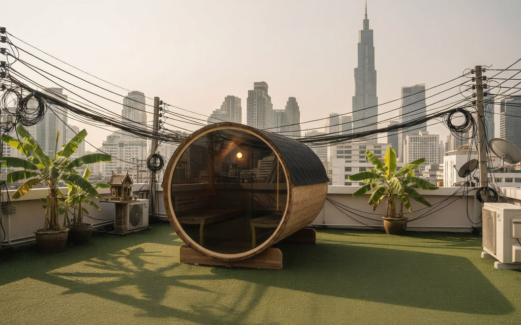 Barrel Sauna on rooftop with Bangkok, Thailand in the background