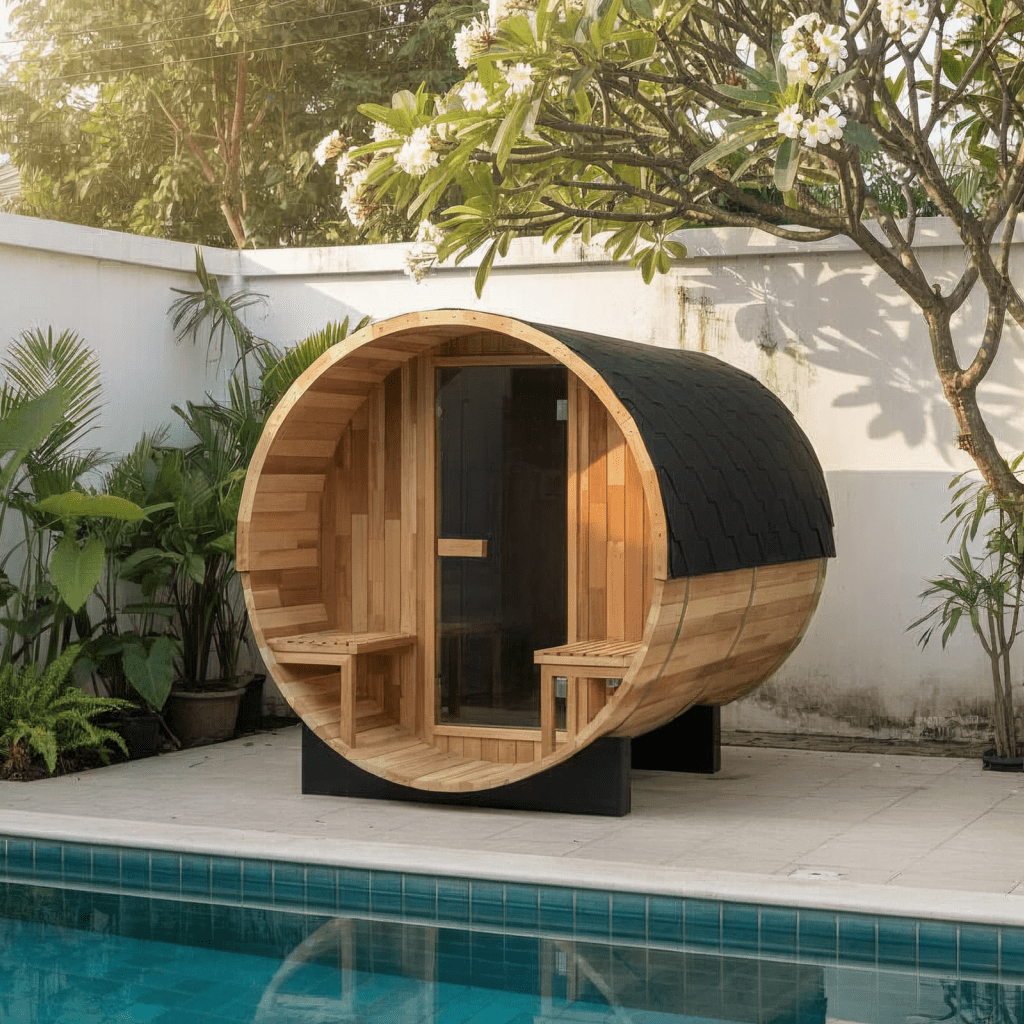 Barrel sauna outside near pool