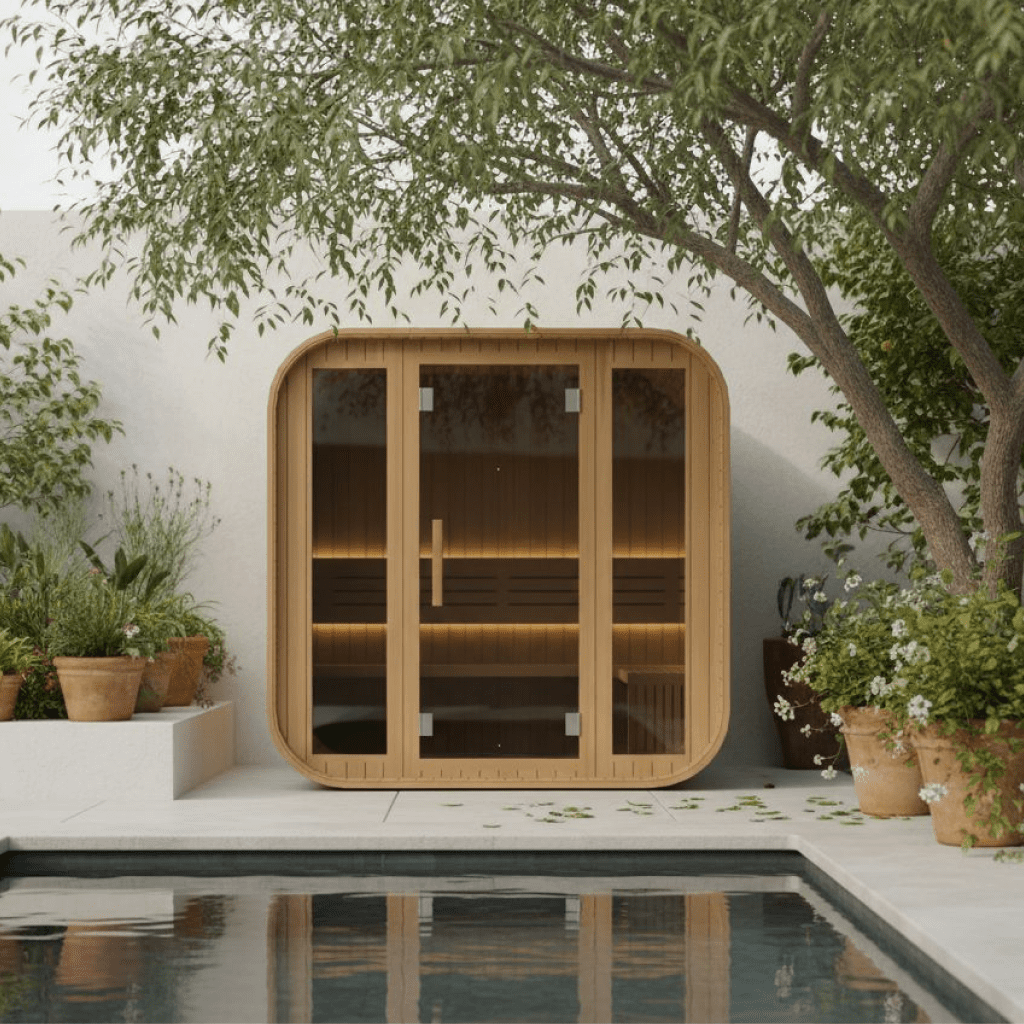 Cube sauna under tree beside a pool