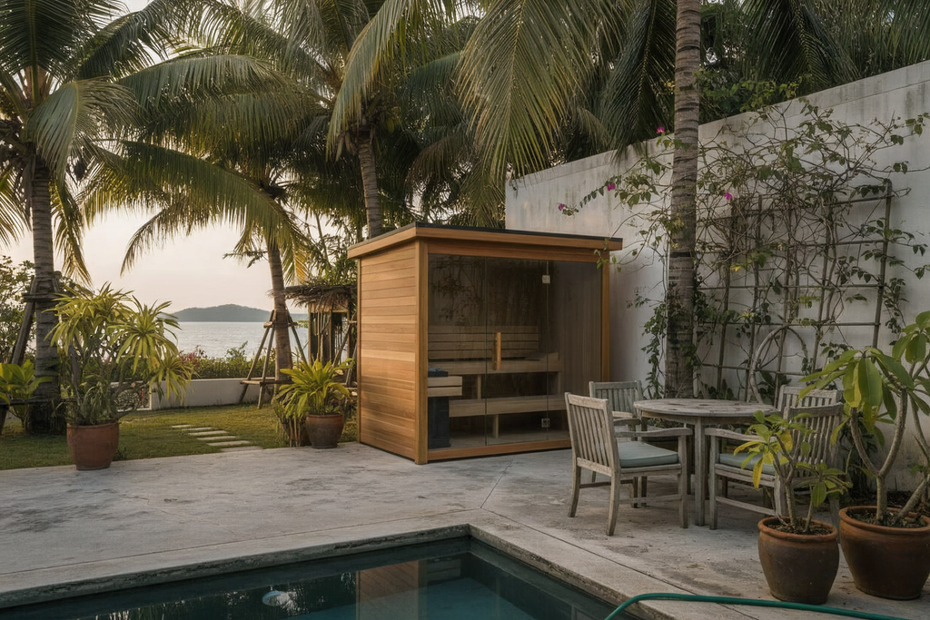 Fah Outdoor Sauna Room with the beach in the background at a Thai villa