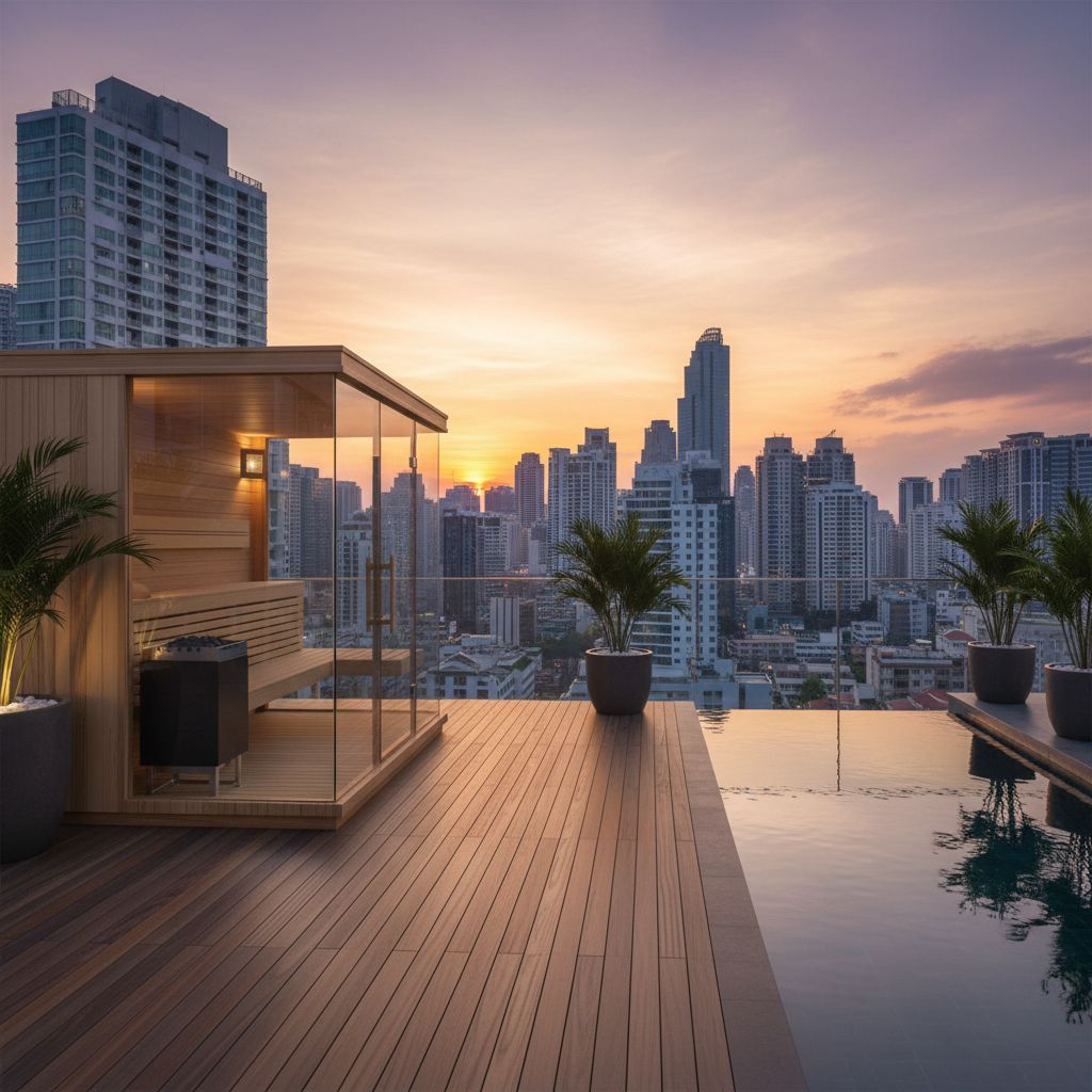 Fah Outdoor Sauna Room with Bangkok skyline on a roof top with a pool