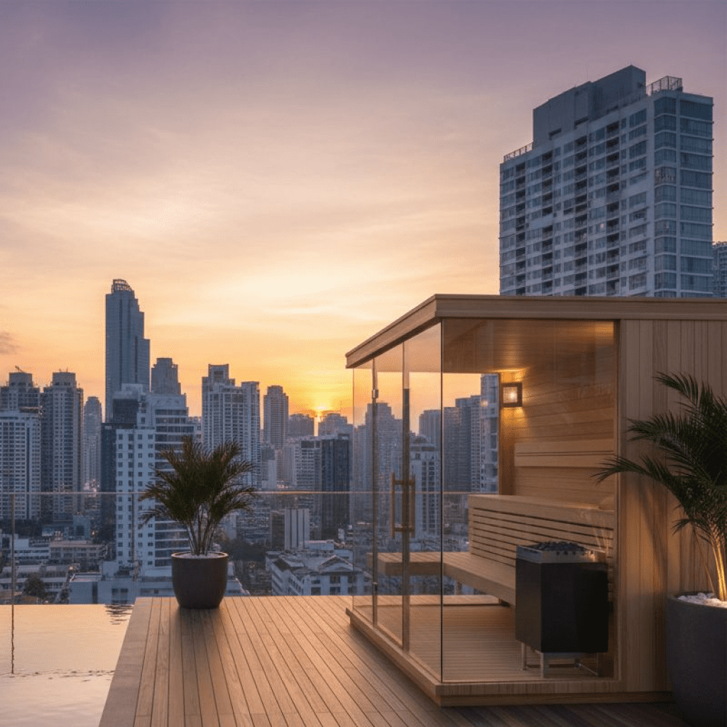 Fah Outdoor Sauna on Bangkok City Roof Top with Glass on Front and back