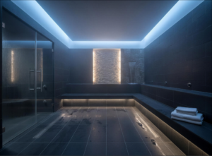 Grey Tiled Wet Steam Sauna with blue LED lighting