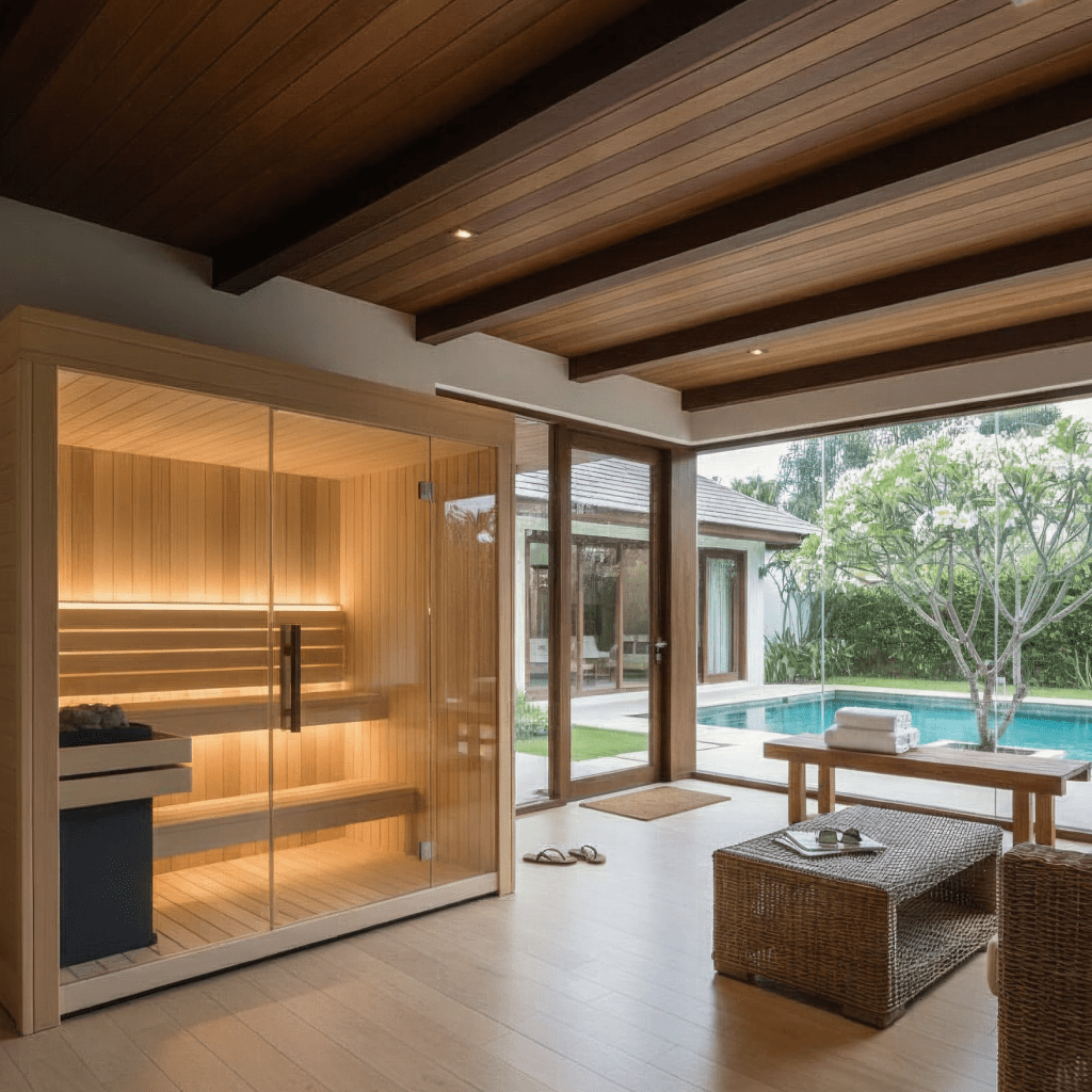Narak Indoor Sauna on in Family Room with pool outside