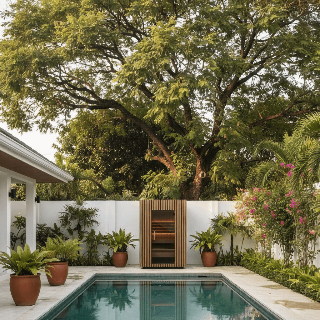 Tamarind sauna under tree beside Thai villa house