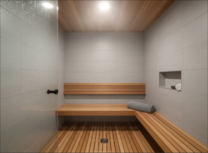 Wet Steam Sauna with white wall tiles and wooden benches
